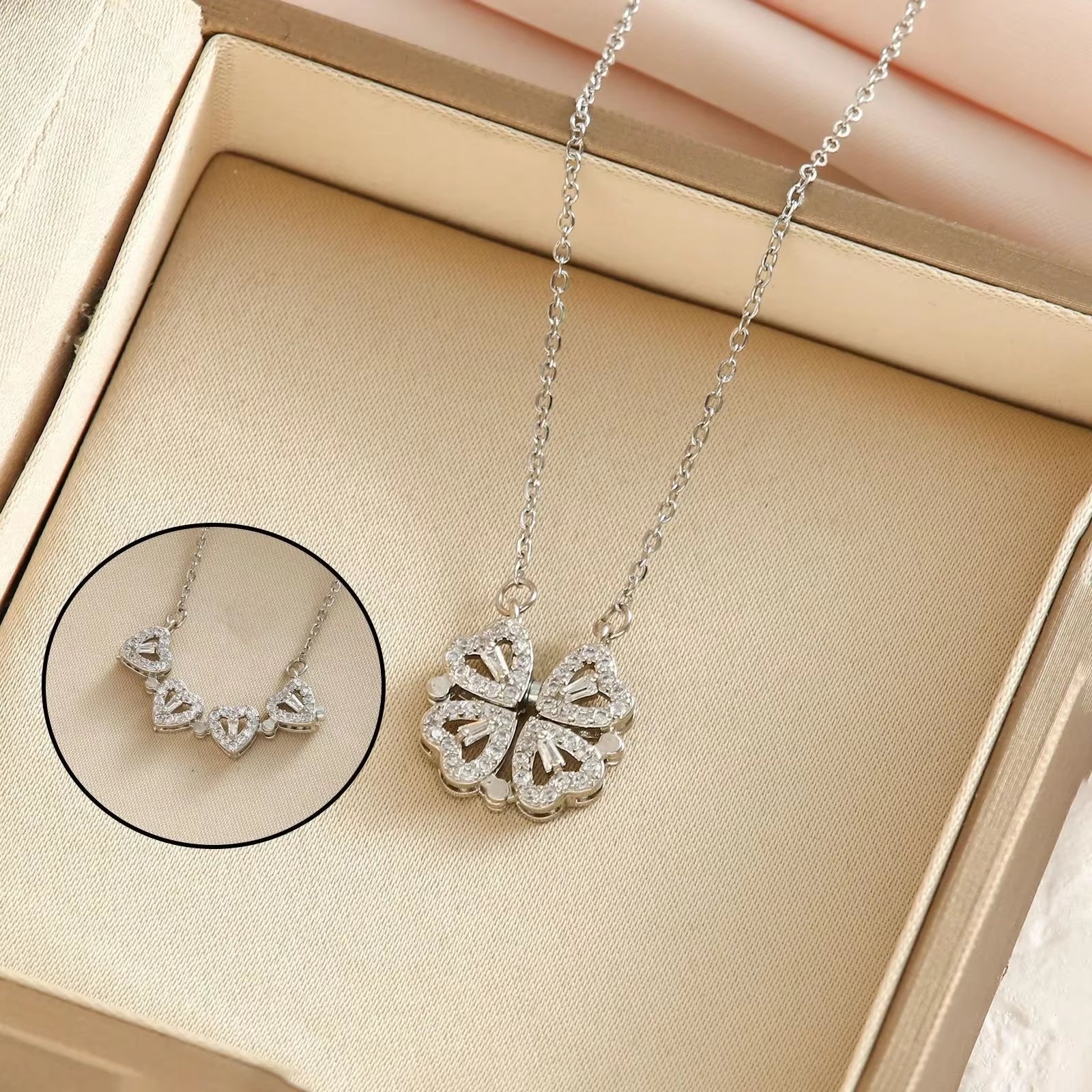 LovaCharm™ 4-in-1 Magnetic Heart & Clover Necklace – Love, Luck, and a Touch of Magic